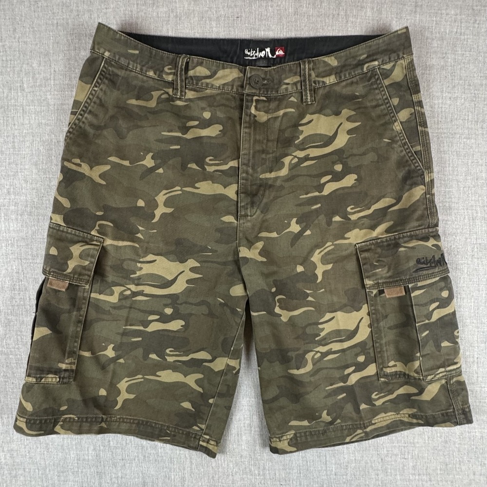 Quiksilver Shorts Mens 34 Green Camo Cargo Cotton Canvas 11" Inseam Casual